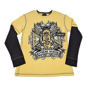 VTG Y2K Yellow Skateboard Cross Layered Long‎ Sleeve Shirt Size XL - NWT
